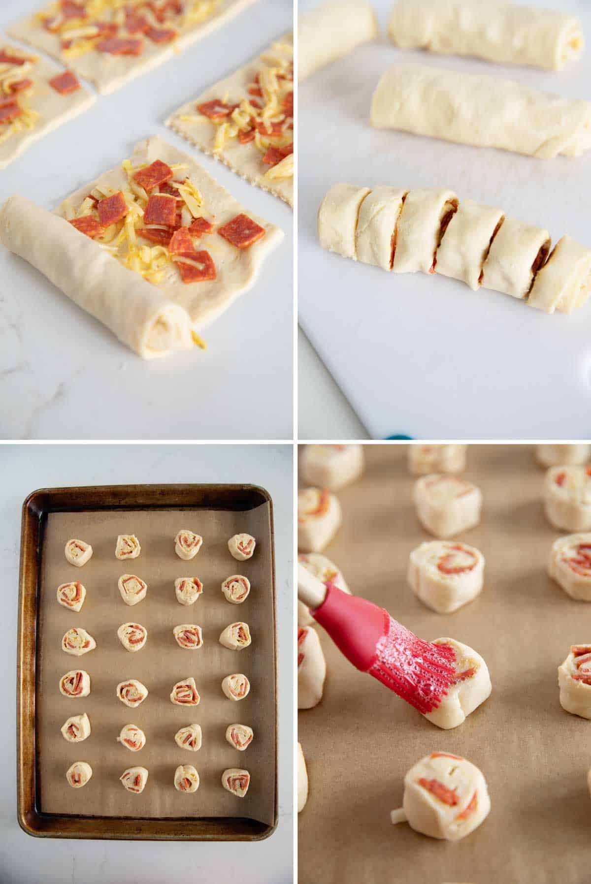 Assembling pepperoni pinwheels before baking.