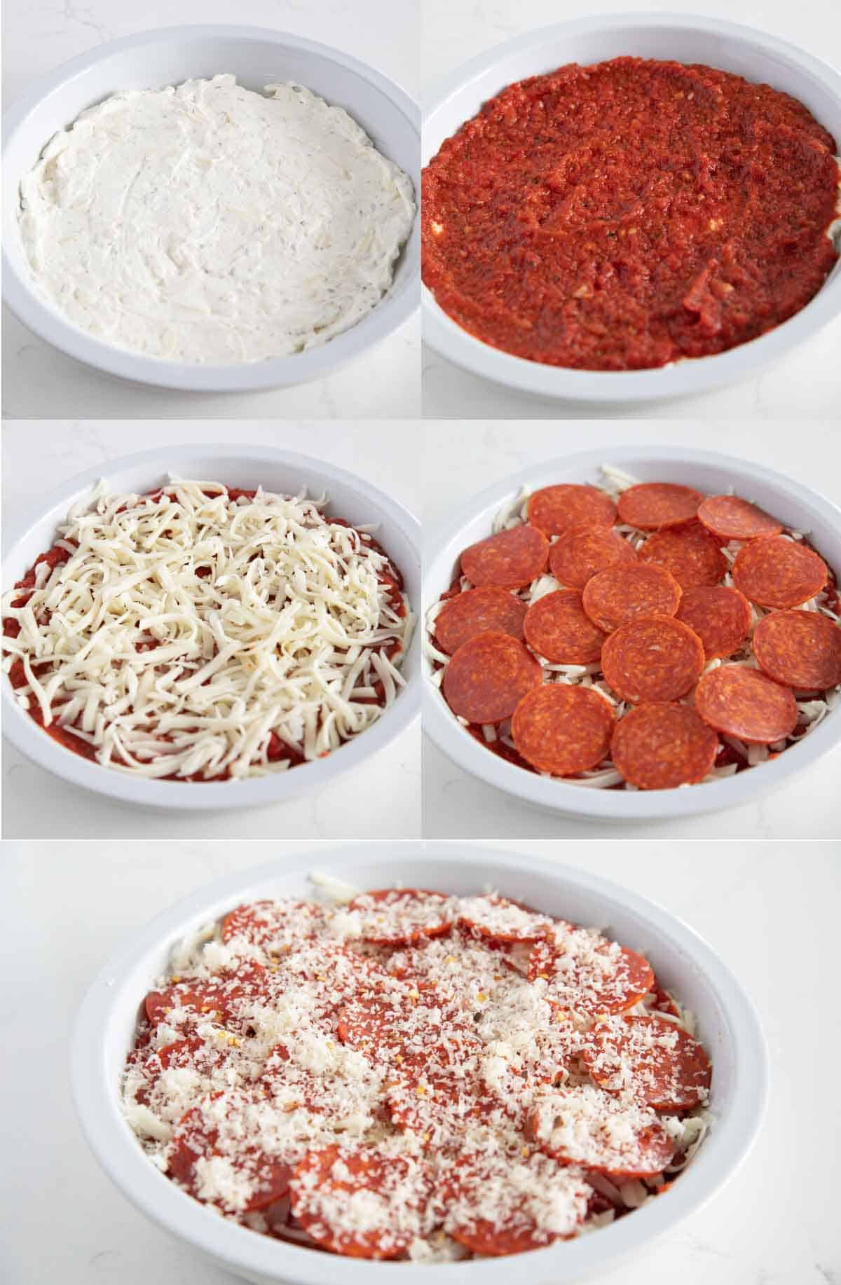 Steps to assemble Pepperoni Pizza Dip.