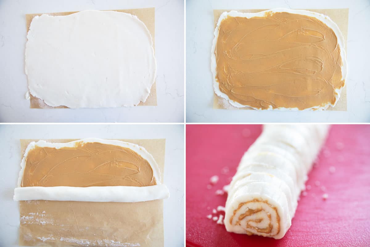 Rolling dough and filling with peanut butter for Potato Candy.