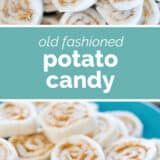 Old Fashioned potato candy collage with text bar in the middle.