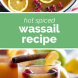 Wassail recipe collage with text bar in the middle.