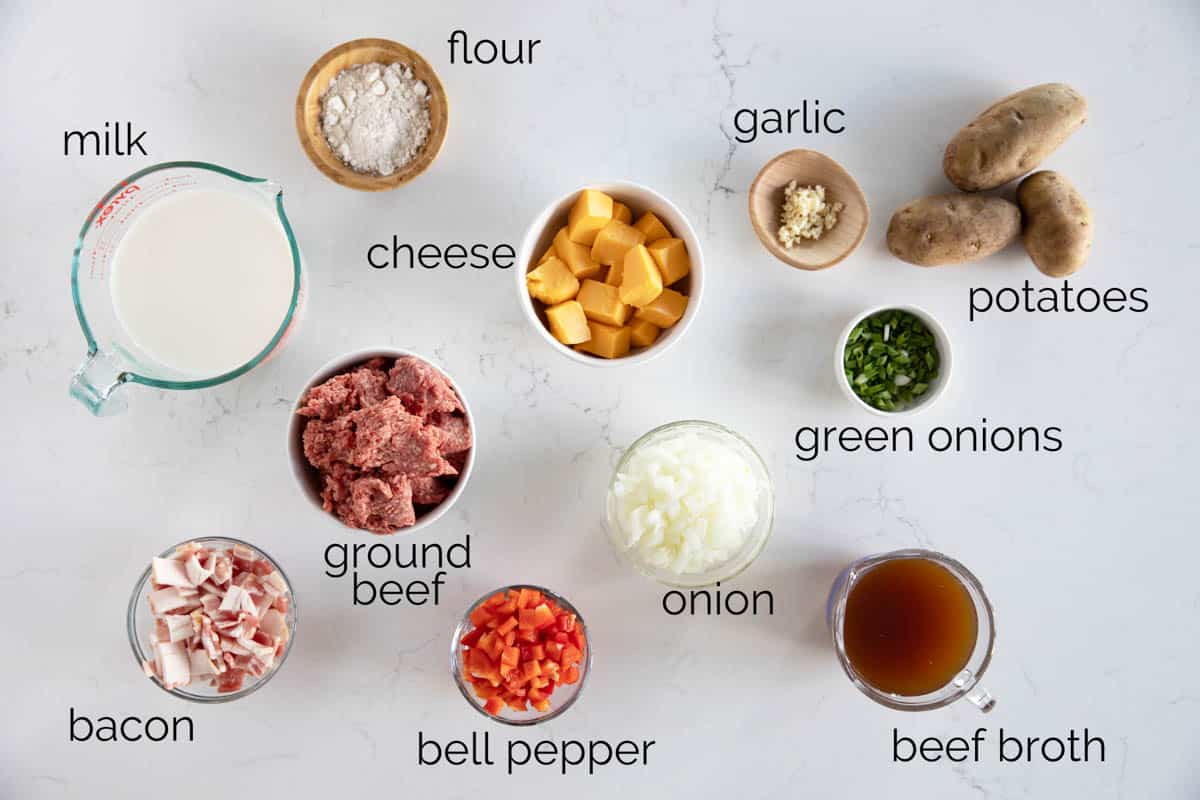 Ingredients to make bacon cheeseburger chowder.