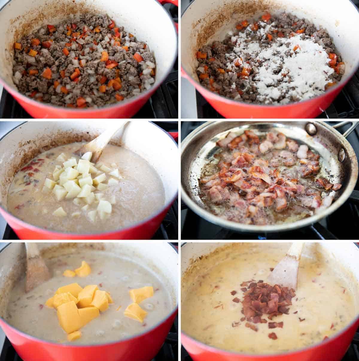 Steps showing how to make bacon cheeseburger chowder.