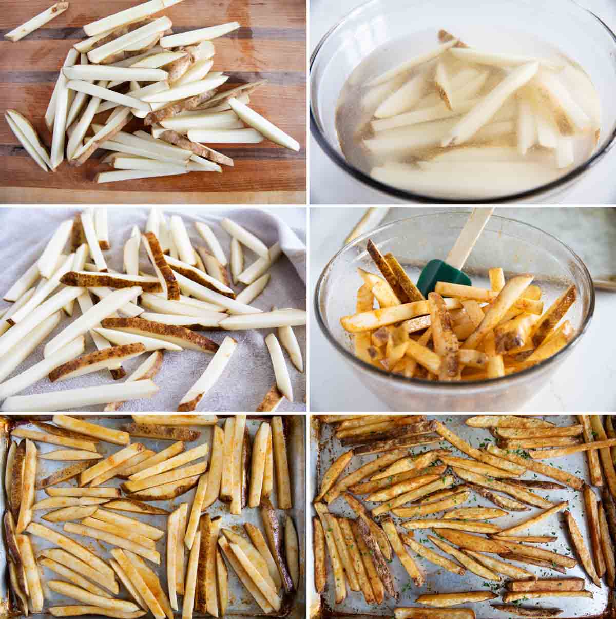 Steps to make baked French fries.