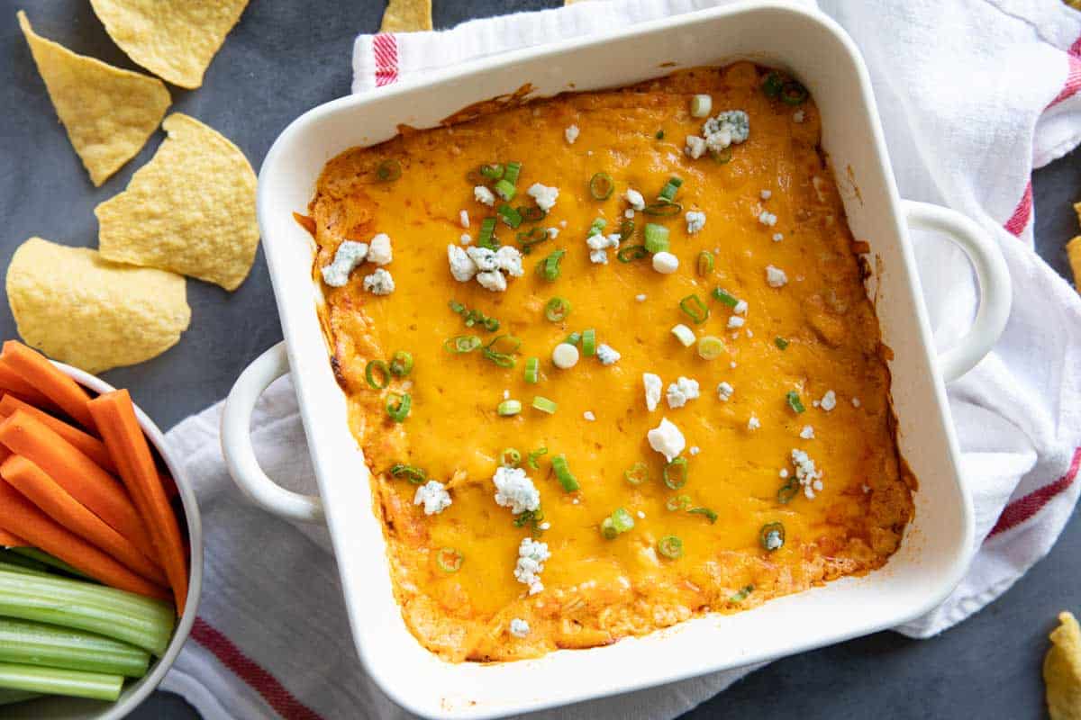 Buffalo Chicken Dip in a square white dish.