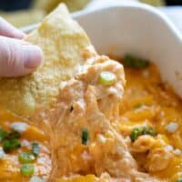 Dipping a tortilla chip into buffalo chicken dip.