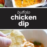 Buffalo Chicken Dip Collage with text bar in the middle.