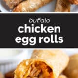 Buffalo Chicken Egg Rolls collage with text bar in the middle.