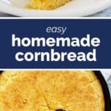 Cornbread recipe collage with text bar in the middle.