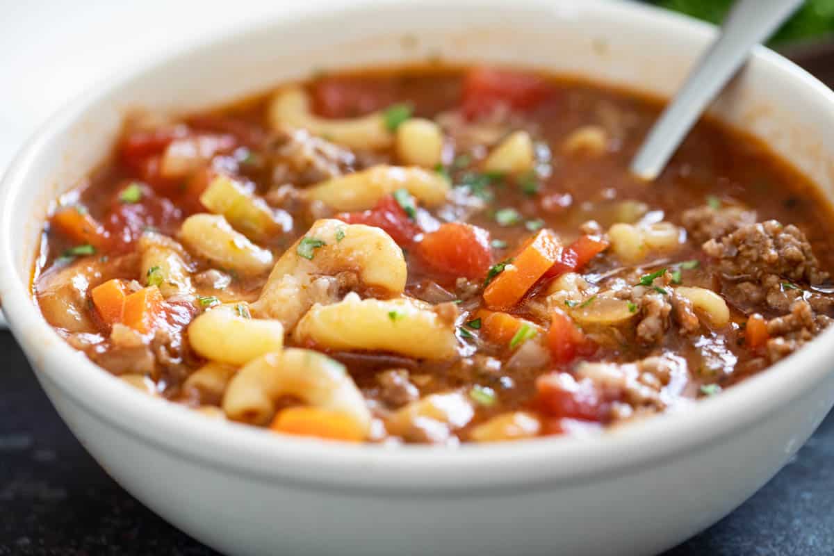 Bowl of Hamburger Soup with macaroni.