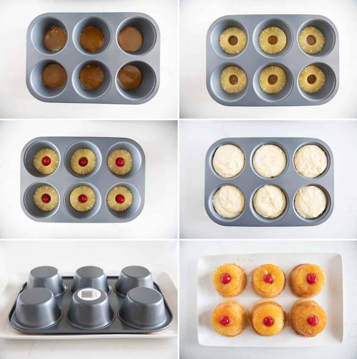 Steps to assemble pineapple upside down cupcakes.
