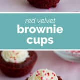 Red velvet brownie cups collage with text bar in the middle.