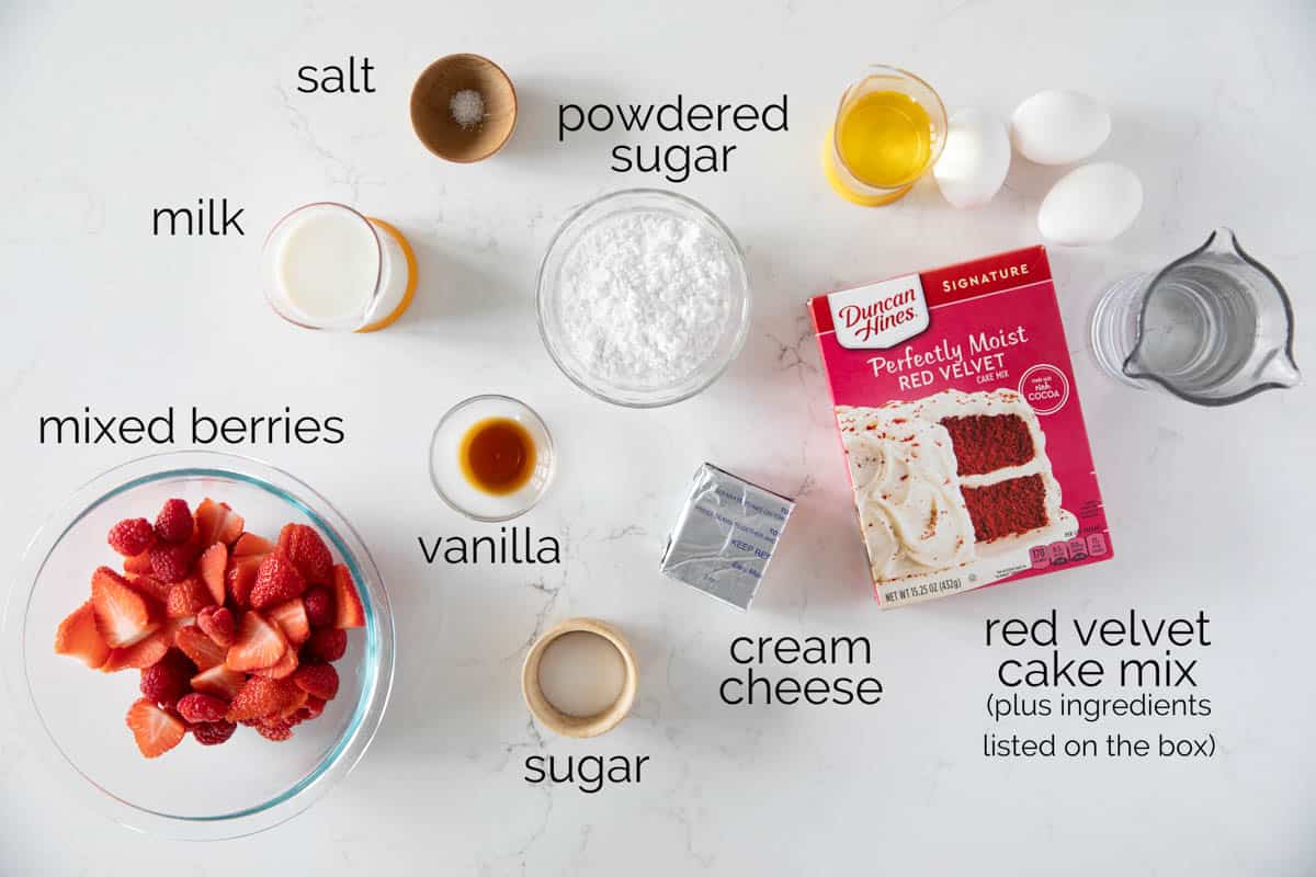 Ingredients needed to make red velvet waffles with cream cheese drizzle.