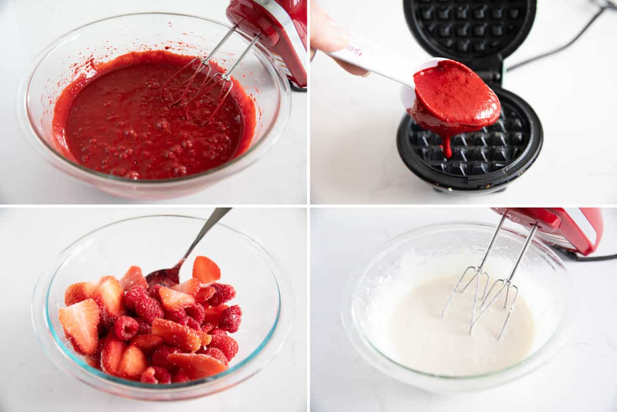 Steps to make red velvet waffles.