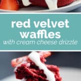 Red Velvet Waffles collage with text bar in the middle.