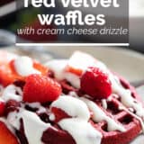 Red velvet waffles with text overlay.