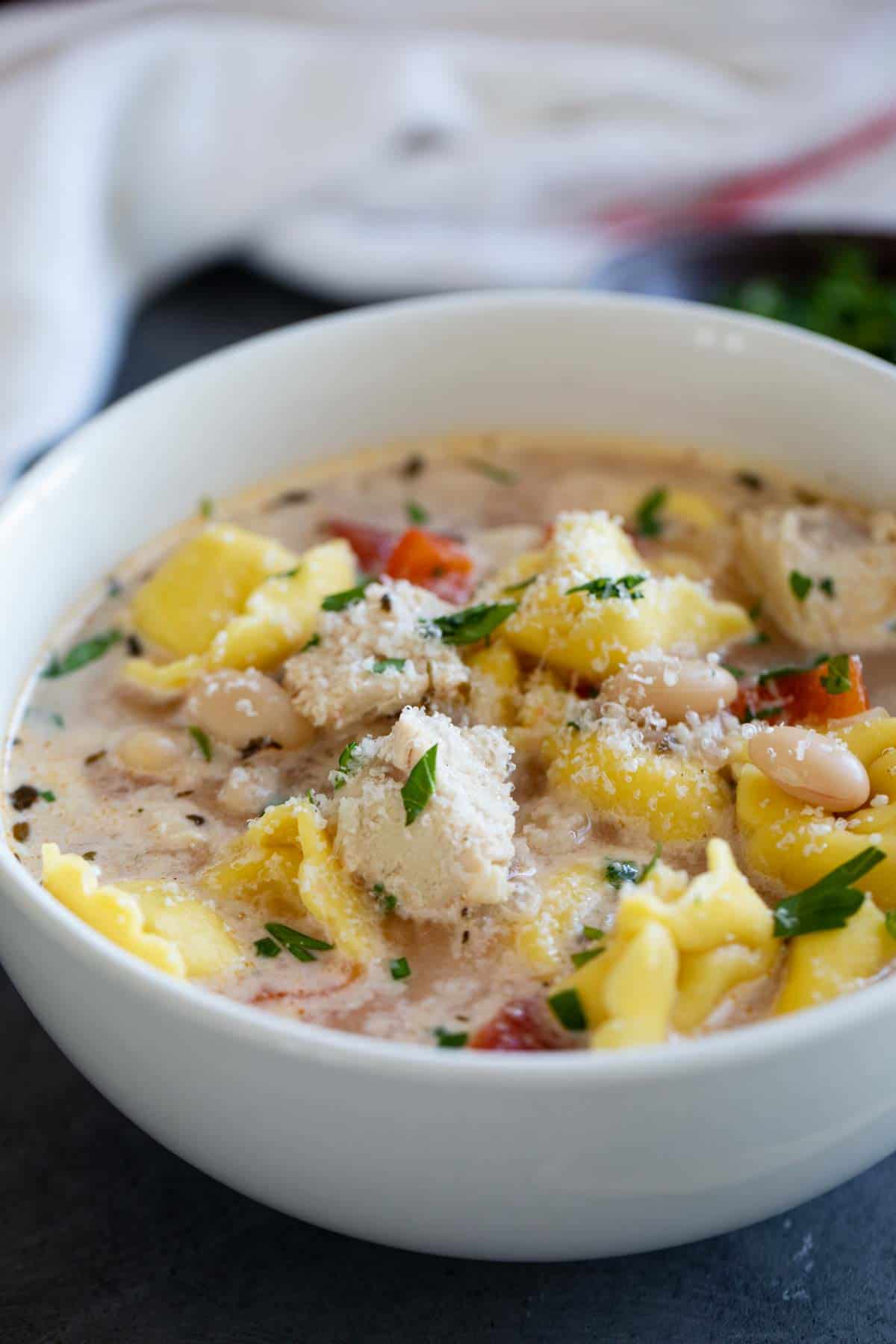 Bowl of chicken tortellini soup with tomatoes and beans.