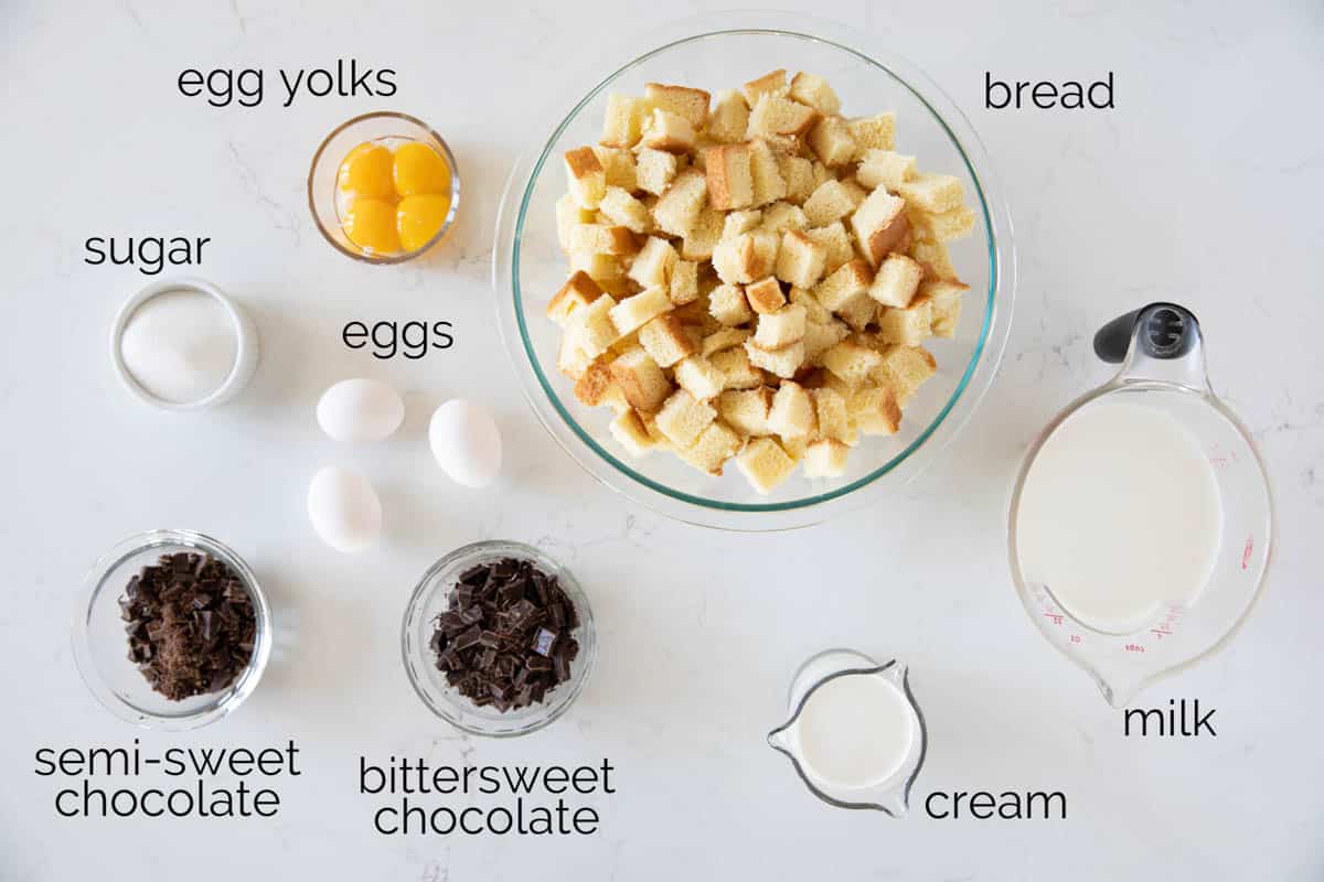 Ingredients needed for chocolate bread pudding.
