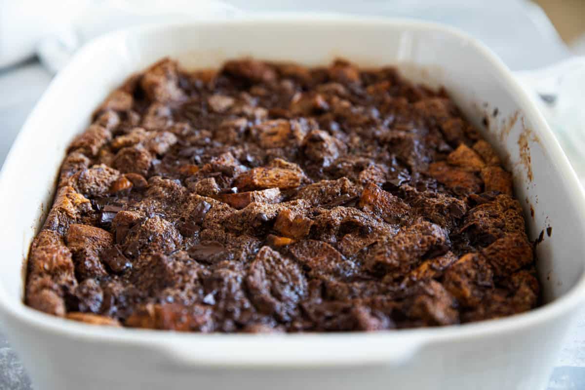 Baking dish with chocolate bread pudding.