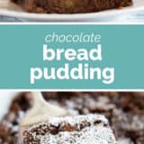 Chocolate Bread Pudding collage with text bar in the middle.