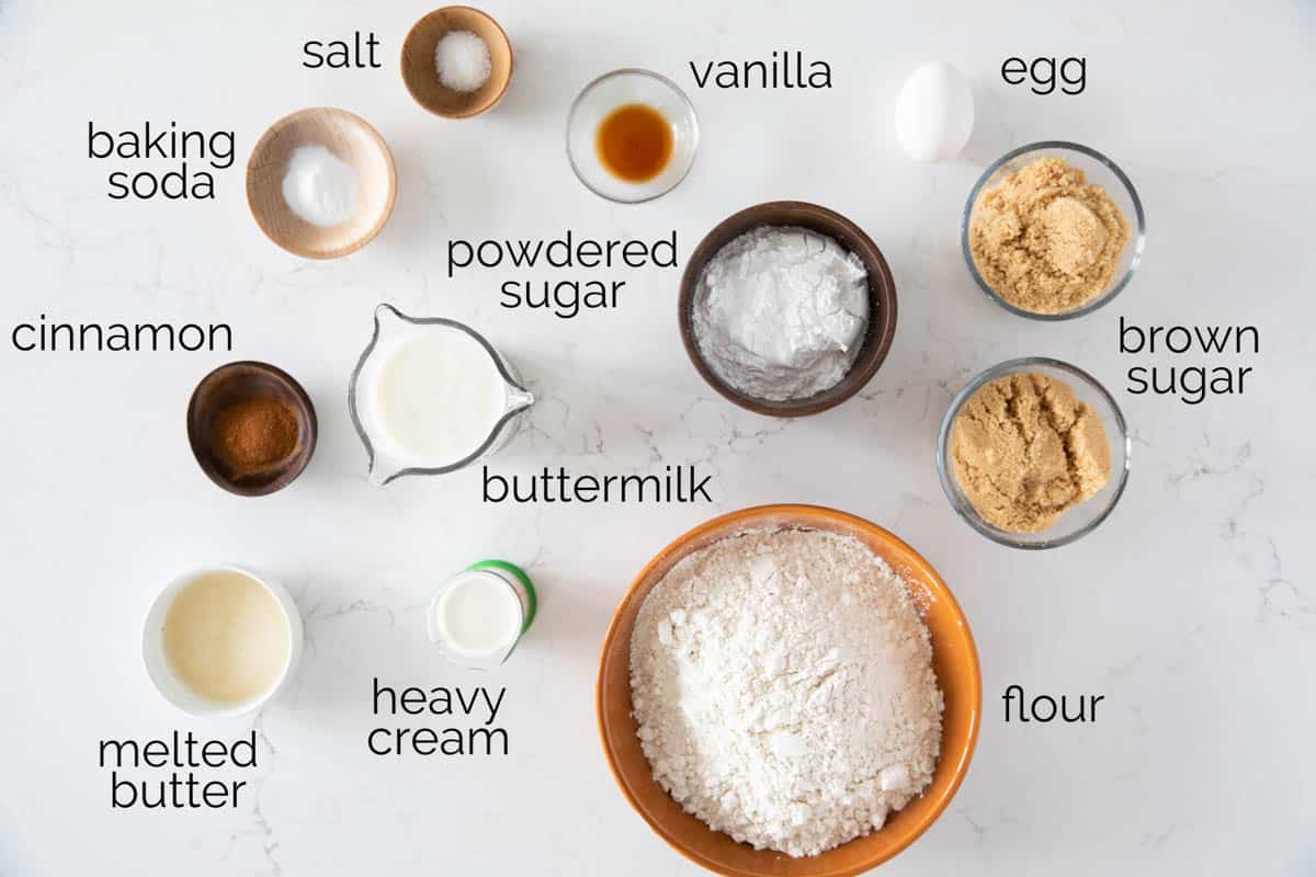 Ingredients needed to make Cinnamon Roll Muffins.