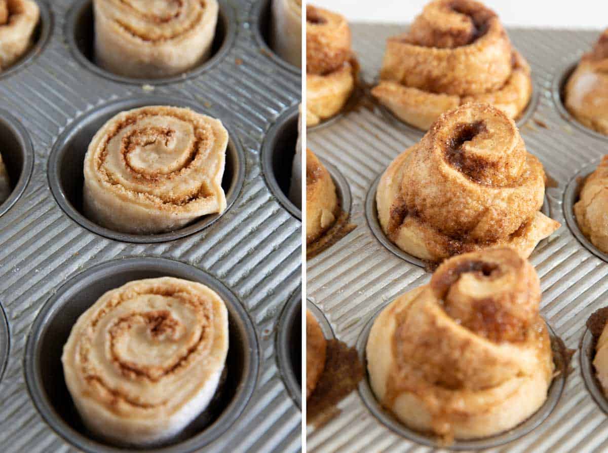 Unbaked and baked cinnamon roll muffins in a baking tin.