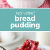 Red velvet bread pudding collage with text bar in the middle.