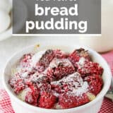 Red Velvet Bread Pudding with text overlay.