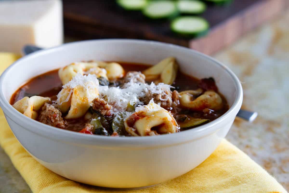 Bowl of Sausage Tortellini Soup.