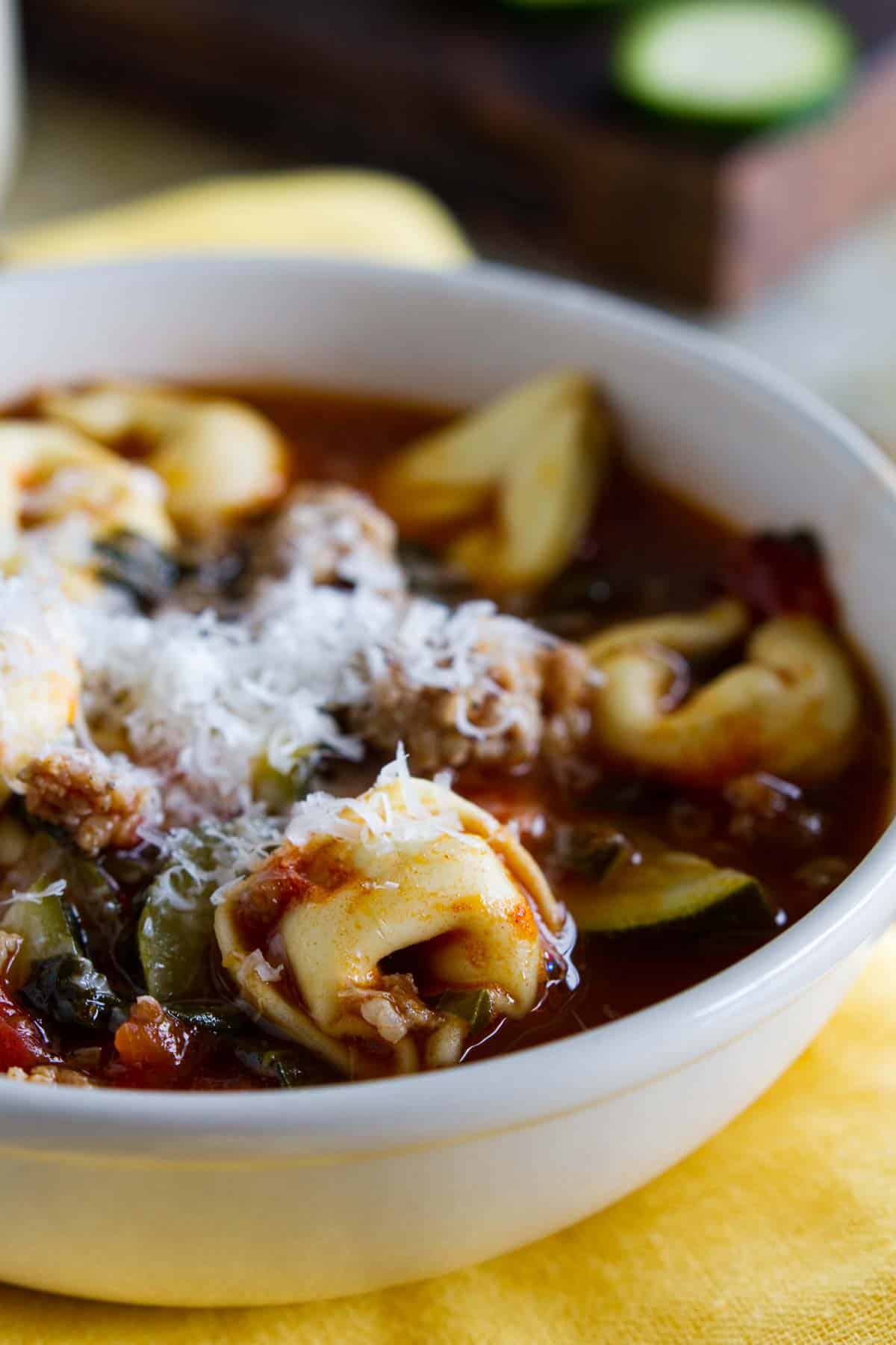 Soup with sausage, tortellini, and vegetables.