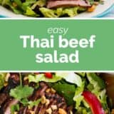 Thai Beef Salad collage with text bar in the middle.