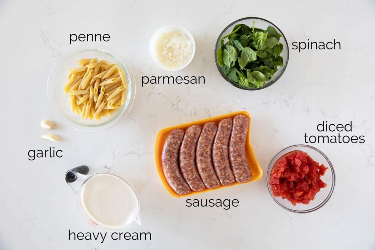 Ingredients needed to make Tuscan Pasta with Sausage.