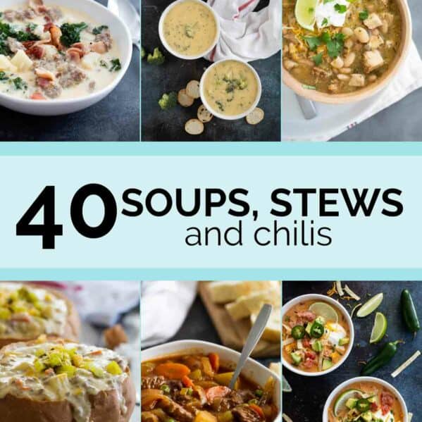 Collage with 6 soup photos and text bar in the middle for Soup Recipes.