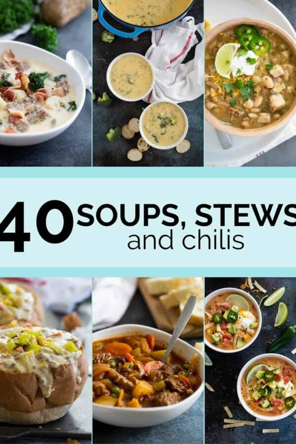 Collage with 6 soup photos and text bar in the middle for Soup Recipes.