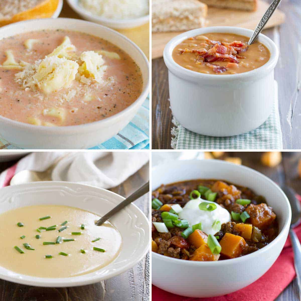 Photos of tomato tortellini soup, bean and bacon soup, cheddar cheese soup, and butternut squash chili with beef.