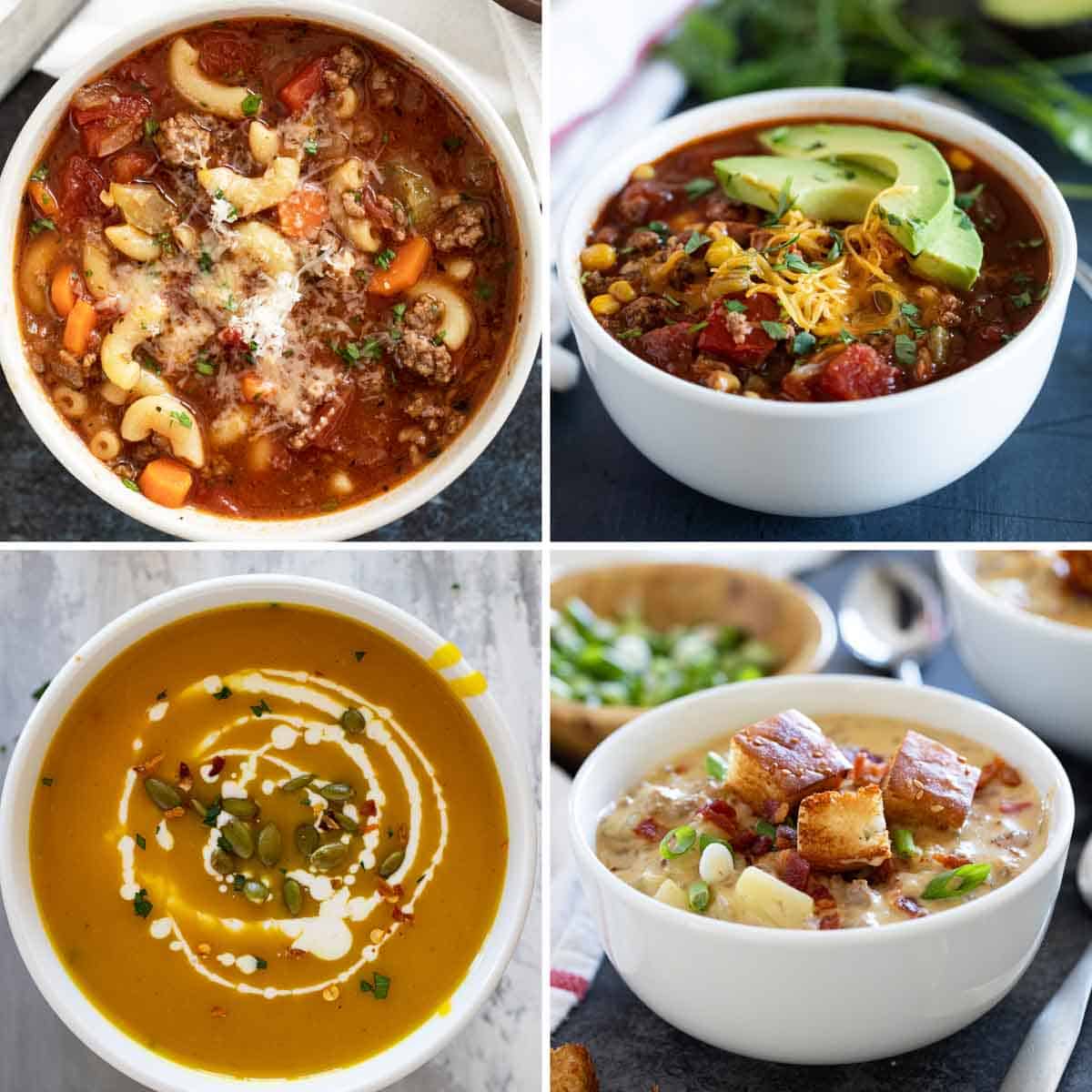 photos of hamburger soup, taco soup, curried butternut squash soup, and cheeseburger chowder.