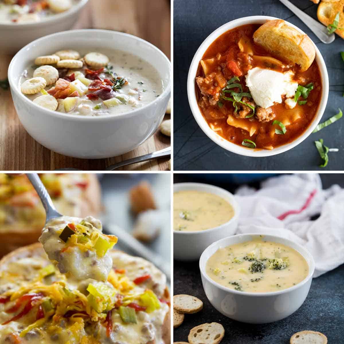 Photos of clam chowder, lasagna soup, cheeseburger soup, and broccoli cheese soup.