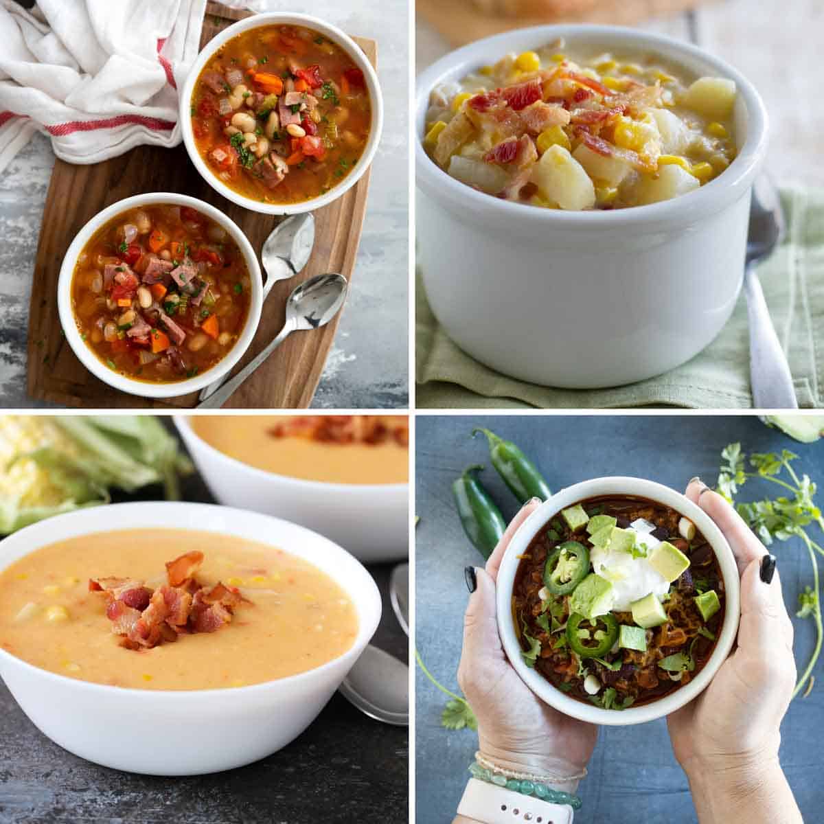 Photos of ham and bean soup, crock pot corn chowder, corn chowder with bacon, and crock pot chili.