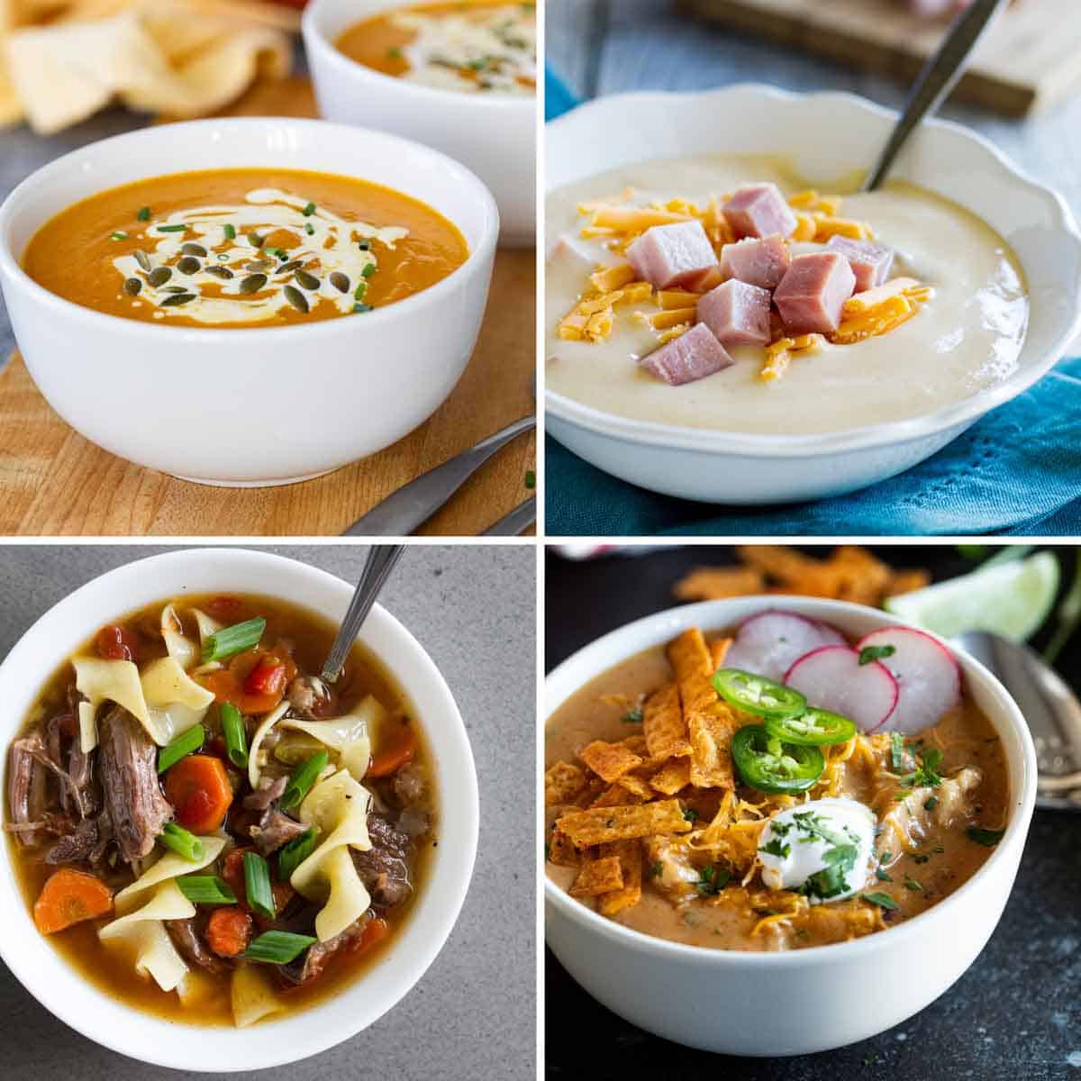 Photos of pumpkin soup, cauliflower soup, beef stew, and chicken enchilada soup.