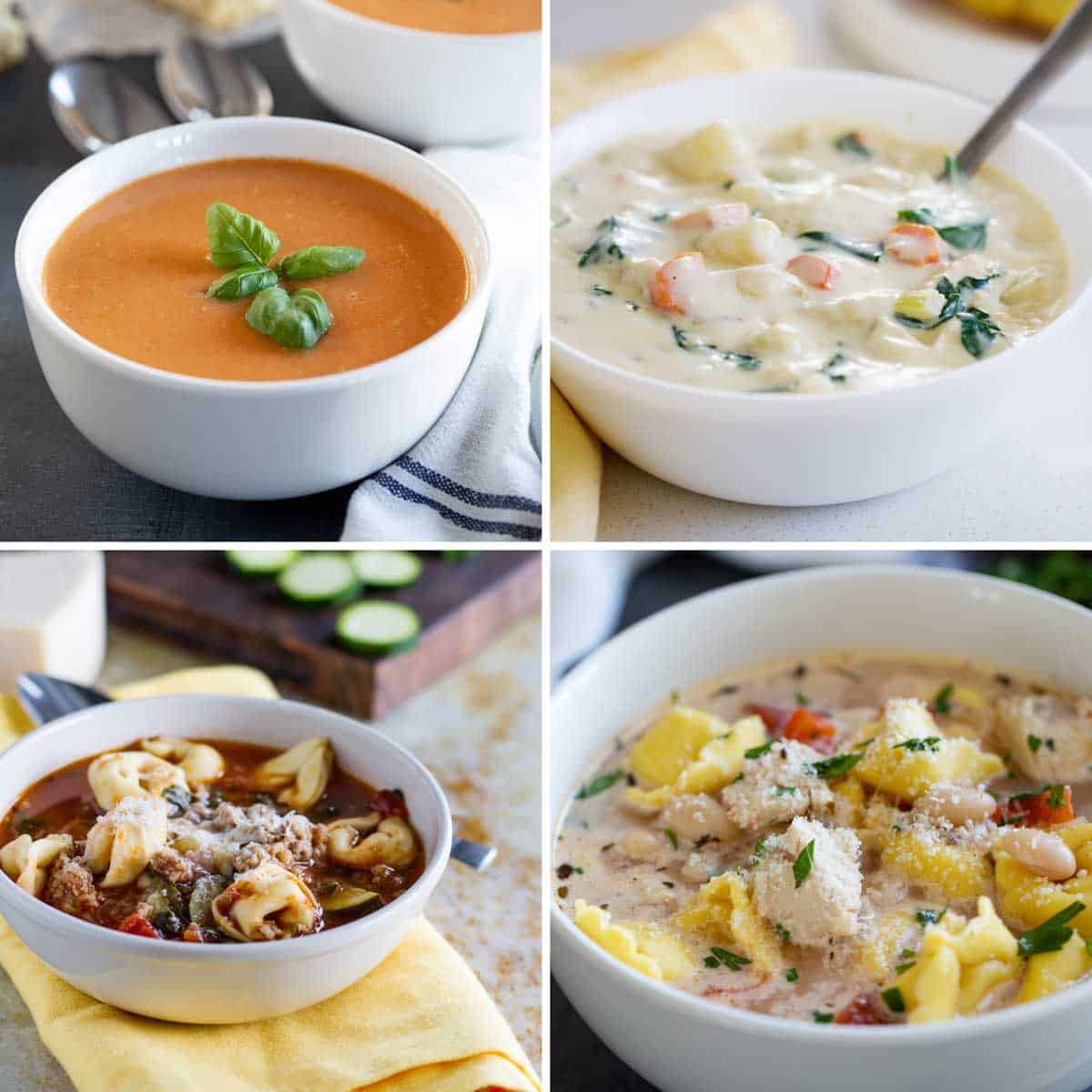 Photos of tomato soup, chicken and gnocchi soup, sausage tortellini soup, and chicken tortellini soup.