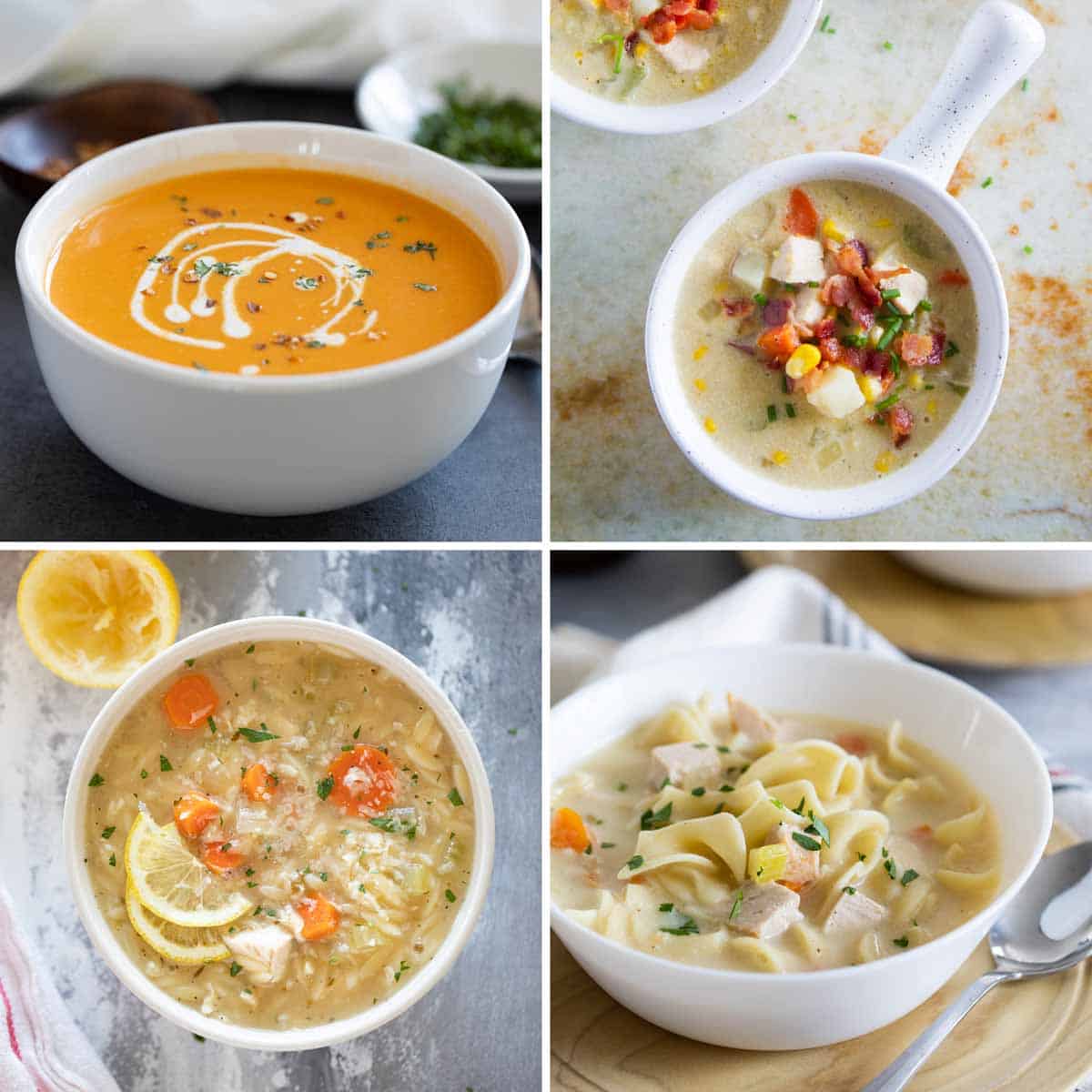 Photos of sweet potato soup, chicken corn chowder, lemon orzo soup, and turkey noodle soup.