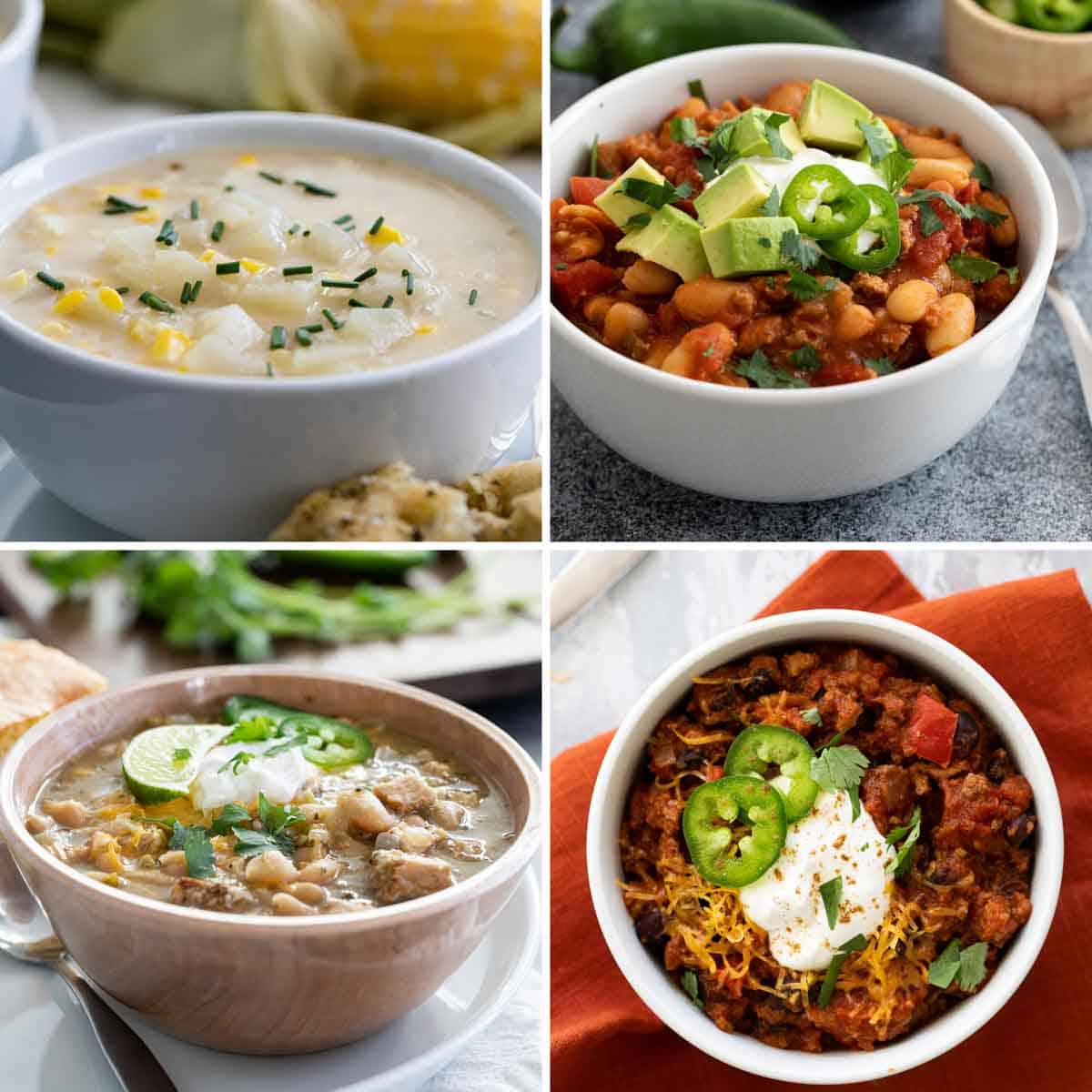 Photos of potato corn chowder, ground turkey chili, white chicken chili, and pumpkin chili.