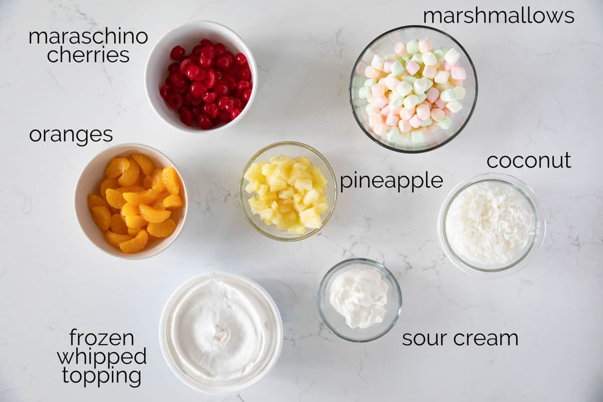 Ingredients needed to make Ambrosia Salad.