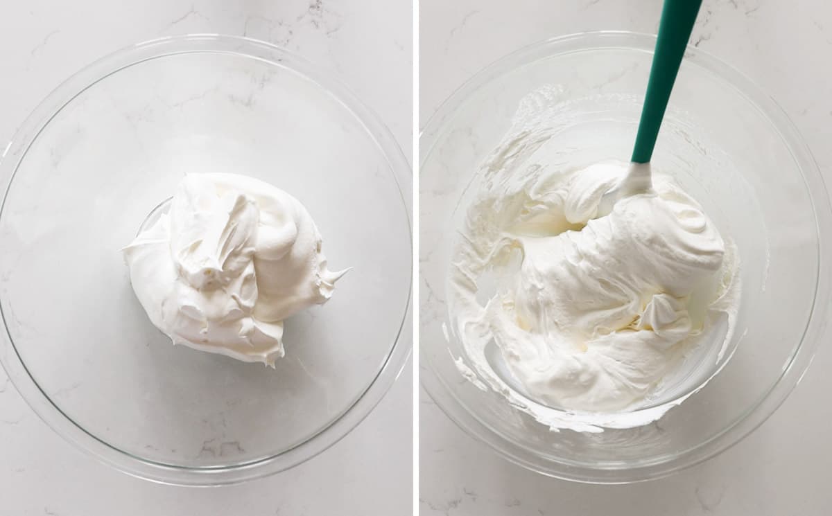 Mixing frozen whipped topping with sour cream.
