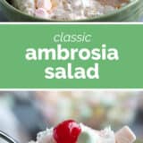 Ambrosia salad collage with text bar in the middle.