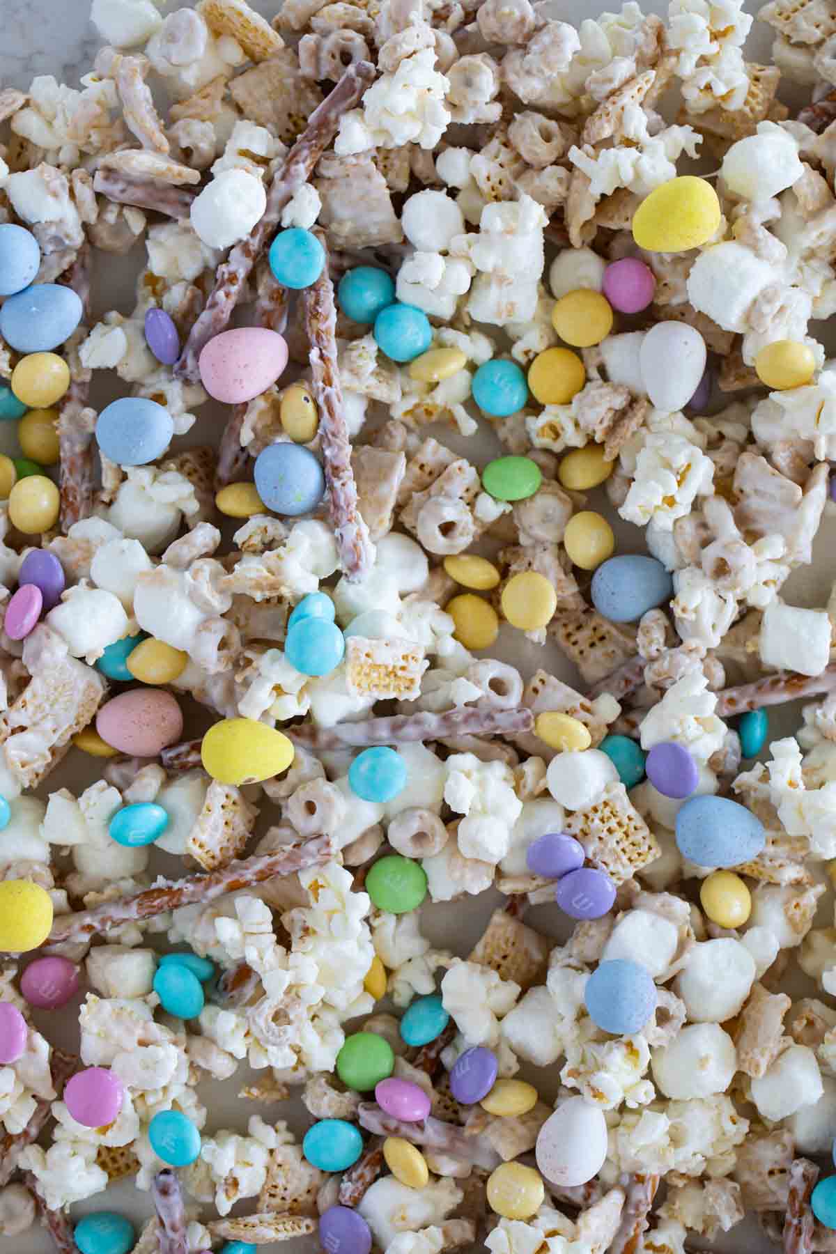 Bunny bait made with popcorn, cereal, pretzels, marshmallows, and candy.