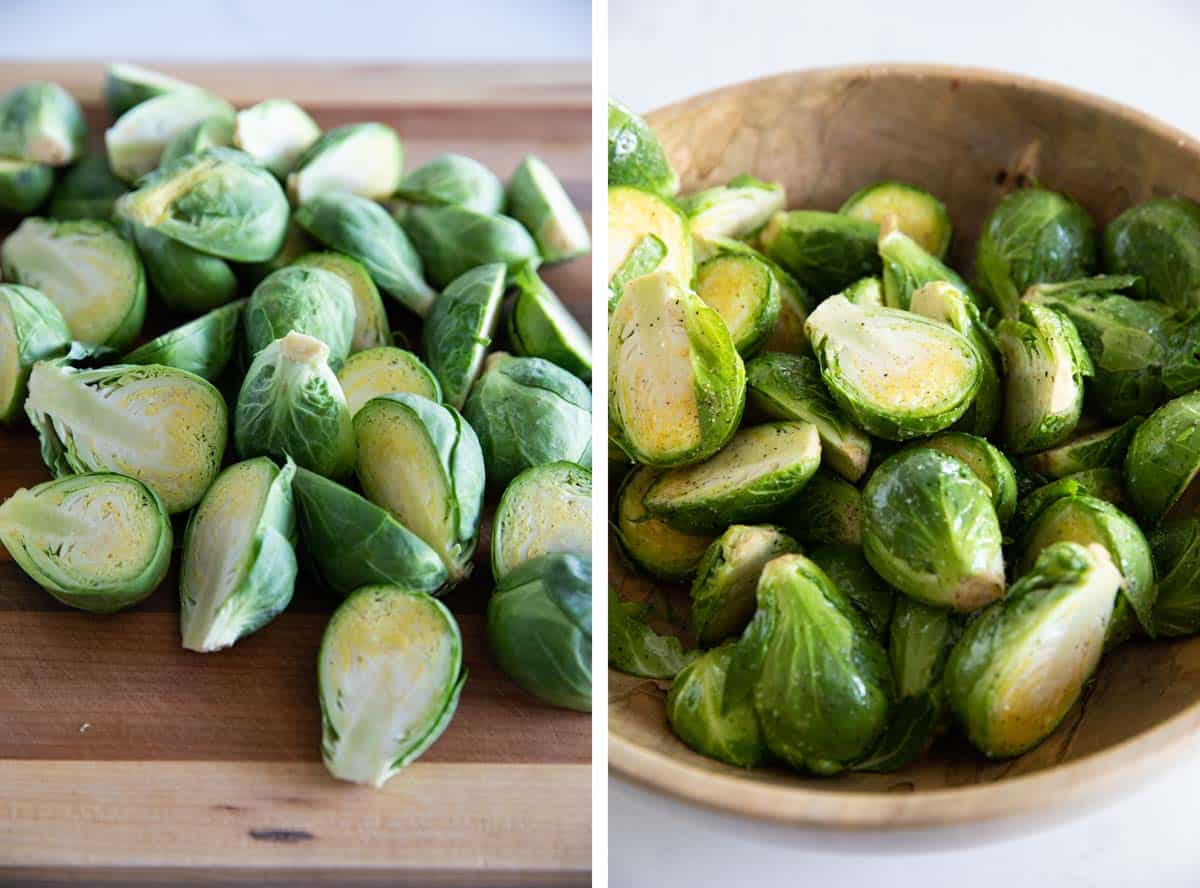 Fresh Brussels sprouts on a cutting board, and in a bowl with oil, salt, and pepper.
