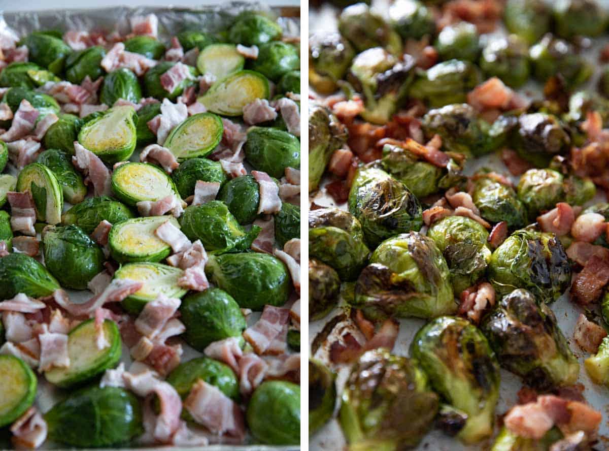 Brussels sprouts with bacon roasting on a baking sheet.