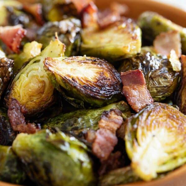 Bowl of Roasted Brussels Sprouts with Bacon.