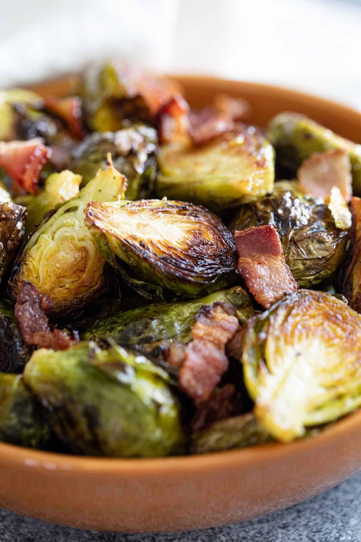 Bowl of Roasted Brussels Sprouts with Bacon.